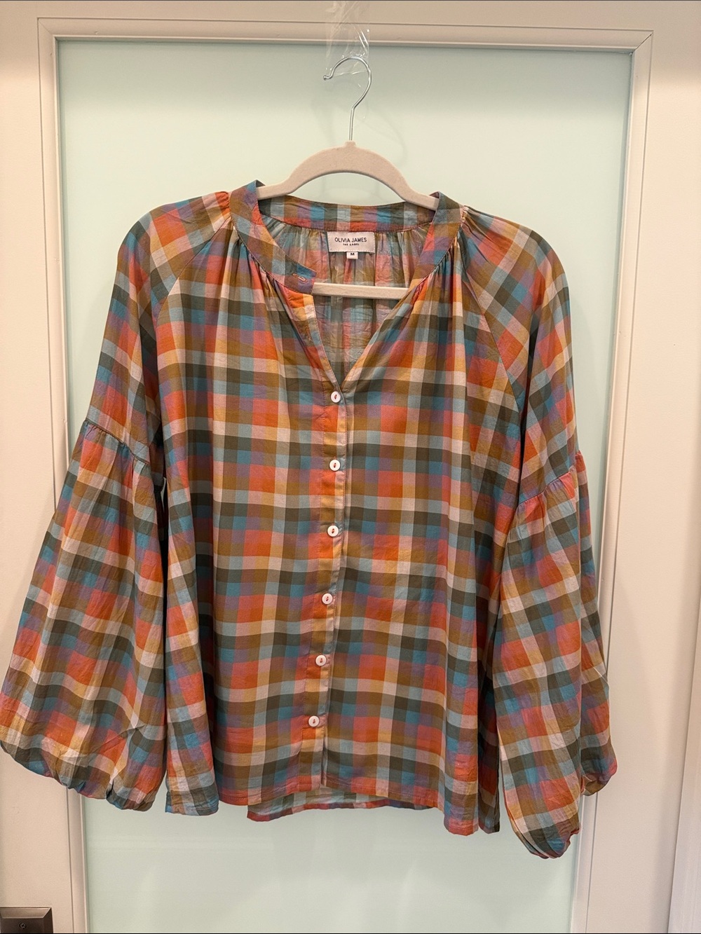 Olivia James Plaid Button-Front Blouse in Orange & Blue & olive
